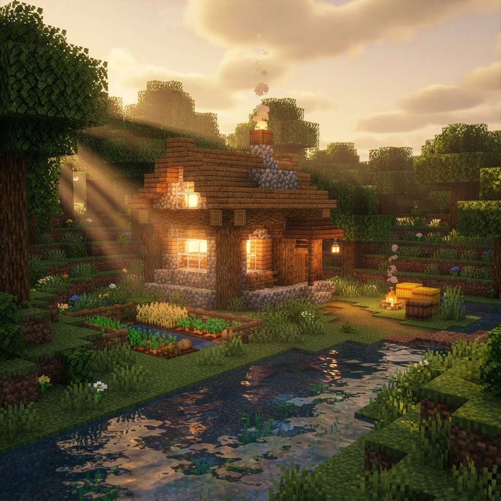 A cozy cottage nestled in a forest clearing beside a stream